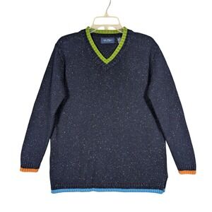 S Vintage Kim Rogers Sweater‎ Navy Speckled Knit V-Neck Color Trim Wool Blend